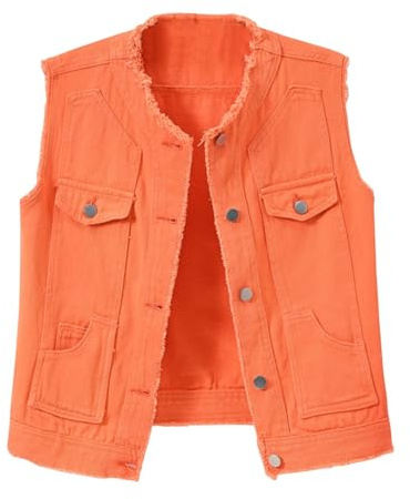 Dam jeansväst cropped slim fit ärmlös lätt bekväm snygg casual jacka ytterkläder 2026, apelsin, XL