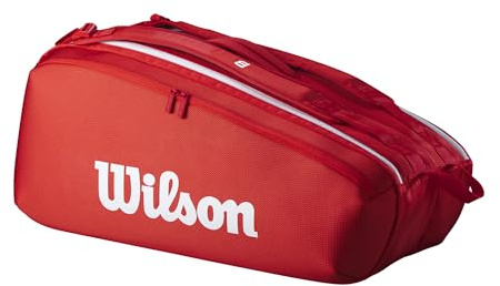 WILSON 2025 Super Tour Red Tennis Racket Bag - Red/White, Holds up to 9 Rackets