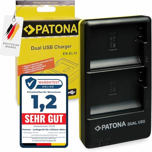 PATONA Dual Ladegerät USB-C/Micro-USB für Nikon EN-EL15/EL15b/EL15c Akku | Kompaktes Reise-Ladegerät für Z5 Z6 Zf Z6II Z6III Z7 Z7II Z8 D800 D850 D7000 D7100 D7200 D7500, mit USB Kabel