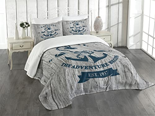 ABAKUHAUS Anker Tagesdecke Set, Anker Schädel Meer Seil, Set mit Kissenbezügen Feste Farben, für Doppelbetten 264 x 220 cm,Marineblau Beige