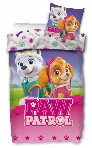 SkyBrands Paw Patrol - Biancheria da letto da bambina, 135 x 200 cm, Skye & Everest, double-face, con federa da 80 x 80 cm, 100% cotone rinforzato, rosa/viola