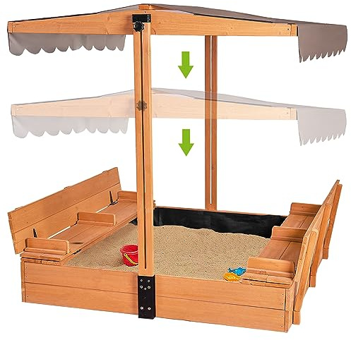 Kids Wooden Outdoor Sandbox w/Canopy, 2 Foldable Bench Seats, Retractable Roof Sand Protection Liner 47x47-Inch