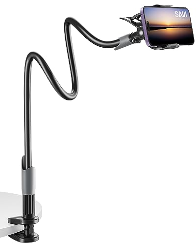 SAIJI Gooseneck Phone Holder for Bed, Flexible Cell Phone Stand, Lazy Arm Holder 360 Mobile Phones Mount Clamp Compatible with iPhone 17 16 15 14 13 12 Pro Xs, Samsung S21, 4-7 Screen Devices Black