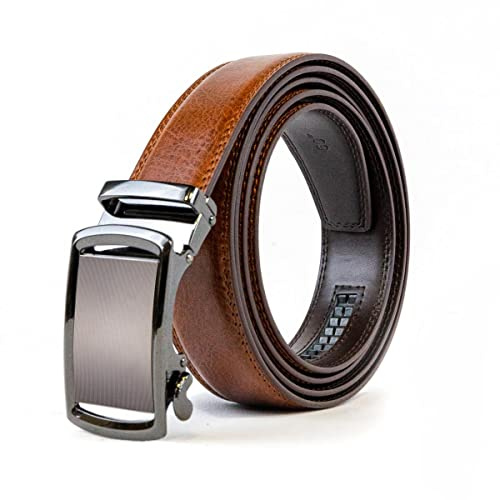 Woodland Leathers Men's Adjustable Leather Belt, Automatic Buckle Ratchet Belts for Men Dress, Jeans & Suits, UP to 10XL (60”) and a Gift Keyring (Brown, Medium 32-36)