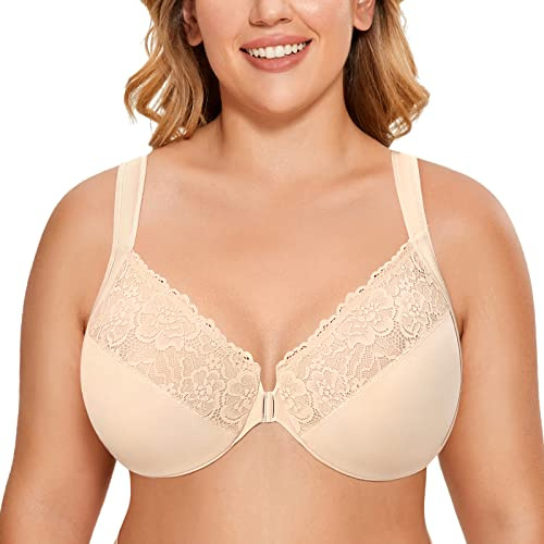 DELIMIRA Women's Front Fastening Plus Size Lace Bra Beige 44DD