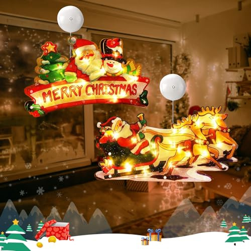 2 Stück Fenster Weihnachtsbeleuchtung Edel, Fensterlicht Weihnachten Batterie Bunt LED, Leuchtstern Fenster Saugnapf 3D, Weihnachtsdeko Amerikanisch Beleuchtet Aufhängen Warmweiß (Schlitten/Xmas)