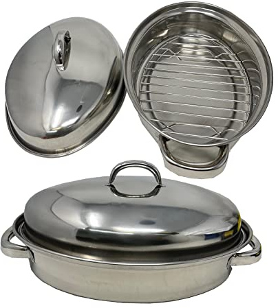 Professional Stainless Steel Roasting Trays with Removable Rack Pan Oval Cooking Baking Sturdy Handles 32cm Sucasa