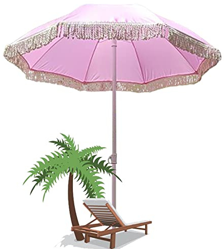1.8m/5.9ft Garden Patio Umbrella, Pink With Tassel Sunshade Parasol, Beach Umbrella - Can Be Tilted - Shade - UV Resistant, For Outdoor Beach Terrace Camping Pool
