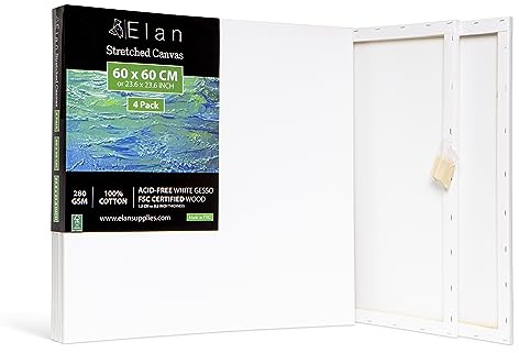 Elan Sträckta Kanvasar 60x60 CM Set om 4, 280GSM Stor Kanvas för Målning, Trippelgrundad Kanvasar för Akrylfärger, Stor Tom Kanvas 60x60 CM