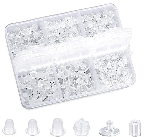 AWAVM Topes de silicona para pendientes, 6 estilos, aretes transparentes, tapón de goma suave, cierre seguro para ganchos pesados (600 unidades)