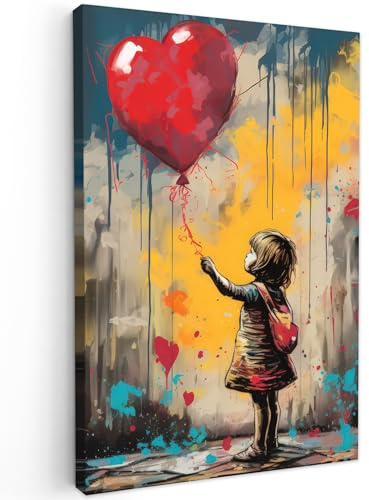 MuchoWow© Stampe Su Tela Quadro Soggiorno Quadri Camera Da Letto Moderni | 60x90 cm - Accessori Salotto Poster Da Parete Con Cornice Decorazione MuroRagazza - Palloncino - Cuore - Graffiti
