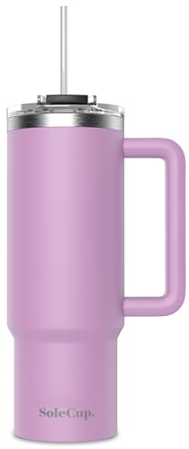 SoleCup. 30oz Travel Mug with Handle, Lid and Two Straws, Drinks Stay Hot for 8 Hours and Cold for 24 Hours - Double Wall Stainless Steel Vacuum Insulated Tumbler (Violet, 30oz)