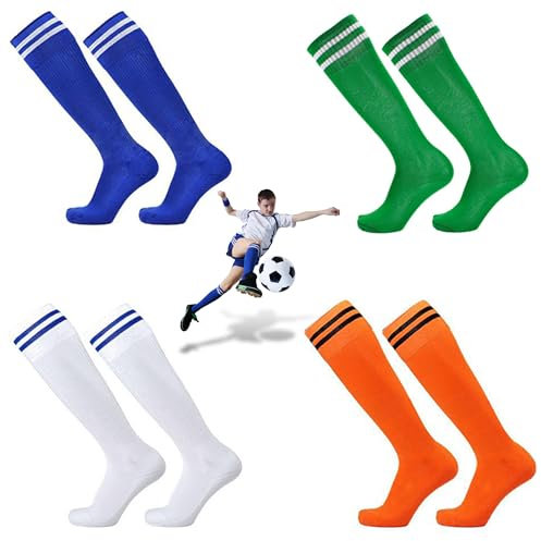 4 Paare Fußball Socken Lang Kinder, Stutzen Kinder Fußball, Trainingssocken Fußball, Stutzenstrümpfe Fussball, Trainingssocken Elastische Socken für Jungen und Mädchen von 7-10 Jahren Sportsocken