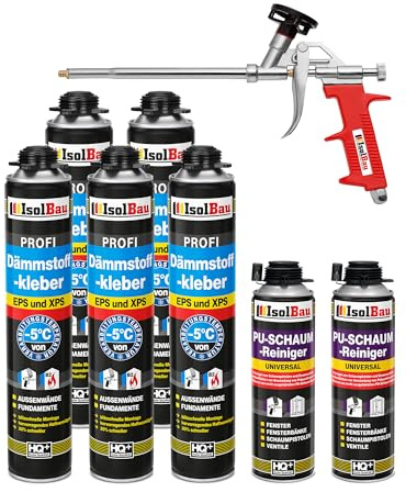 Isolbau B2 Dämmstoffkleber SET - 5 x 750 ml Perimeterkleber, 2 x PU-Schaum-Reiniger & 1x Schaumpistole für EPS & XPS-Platten - 1K PU-Klebeschaum für Fixieren & Befestigen