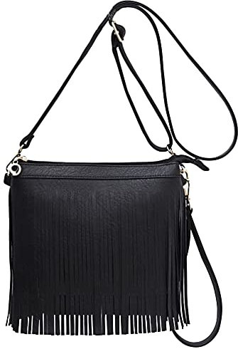 Hoce Damen Leder Fransen Messenger Bag Große Hobo Crossbody Quaste Schultertaschen Geschenk für Mama Frau Freundin, C-schwarz