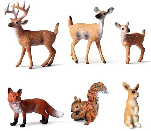 6 Piezas Figuras de Animales del Bosque, Adornos de Ciervos en Miniatura, Figuras de Ardilla Conejo Zorro, Mini Figuras de Animales de Navidad, Regalopara Niños para Cumpleaños Fiesta Temática Bosque