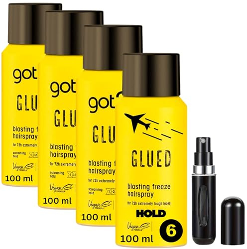 Travel Size Hairspray Bundle – Strong Hold Hair Spray with 4 x Got To Be Glued Hairspray (100ml Each) | Blasting Freeze Up to 72 Hours, Vegan, Silicone-Free and Wishesla Refillable Perfume Atomizer