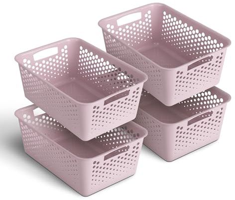 Pro Home 4 Stück Aufbewahrungskorb 10,0L mit Griffen - BPA-Frei - Organizer (37x26x17cm/Rosa) - Körbchen für Bad Küche Schlafzimmer, Haushaltskorb