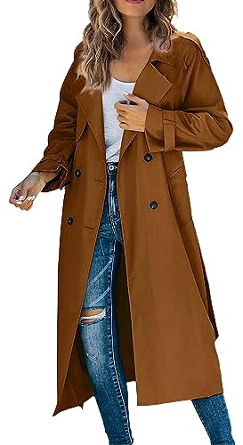 Trenchcoat dam lång elegant – övergångsjacka dam stora storlekar lång vindjacka dubbelknäppt vindjacka damjackor vinterrock cardigan klassisk lång blazer, övergångskappa vinterjacka trenchcoat, BRUN,