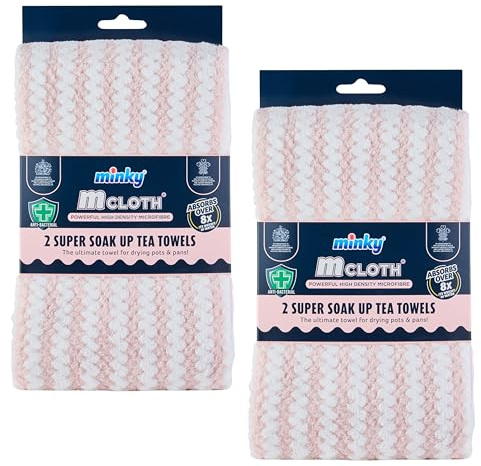 Minky Super Soak Up Tea Towels Pink 4 Pack, Ultra-Absorbent, Anti-Bacterial