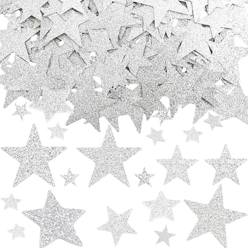 DazzJoy 200 Stk Glitzer Streudeko Sterne Konfetti Weihnachten 1-3cm, 3 Größen Silber, Weihnachtskonfetti Deko, Glitzersterne Streudeko Silvester, Pailletten Tischdeko