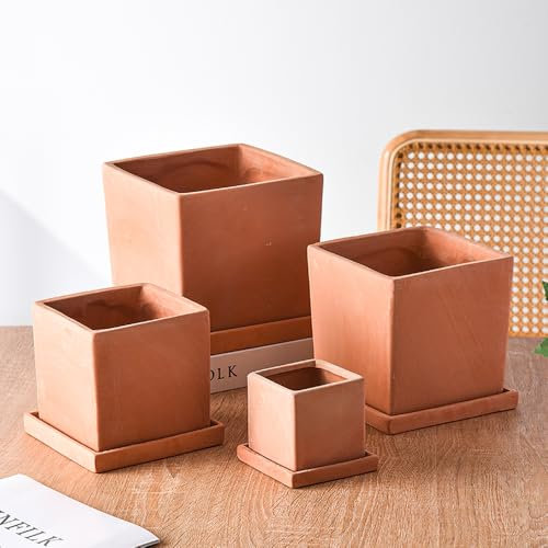Lot de 4 pots de fleurs carrés en terre cuite avec trou de drainage et plateau pour la maison, le bureau et le jardin, excellente option cadeau