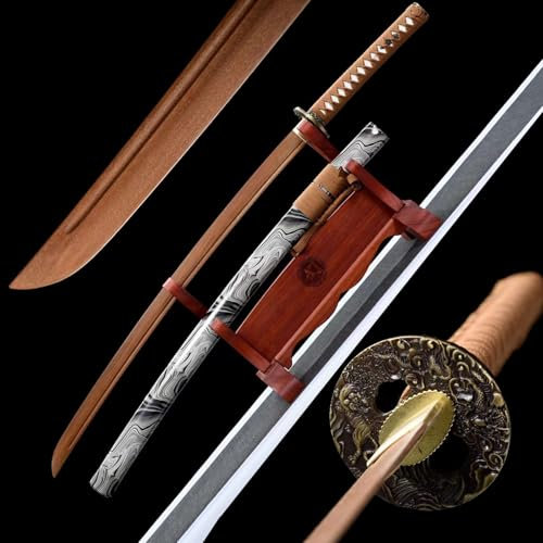 HJHUUA 103 cm handgefertigtes Bokken,natürliches Palisander-Samurai-Schwert,mit PU-Leder umwickelte Holzscheide,hölzernes Katana für Kendo-Training,Geschenke,Displays,Cosplay,Requisiten