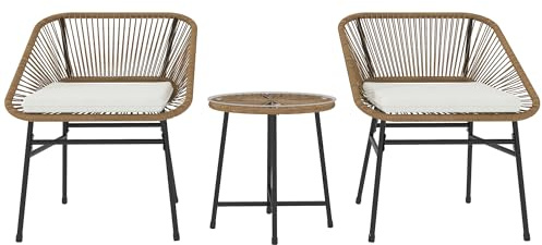 Outsunny Set da Giardino 3 Pezzi in Rattan PE e Acciaio, Set 2 Sedie con Cuscini e Tavolino da Caffè a Cilindro con Piano in Vetro, Set di Mobili da Balcone, per Patio e Cortile, Color Legno