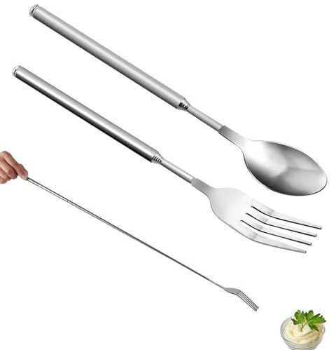 Juego de 2 tenedores telescópicos - tenedor telescópico de acero inoxidable y cuchara, práctico y compacto para picnics y barbacoas