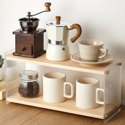 Geelin Countertop Coffee Station Organizer, 2 Tier Coffee Bar Organizer, Matcha Station Stand, Wooden Shelf for Bar Accessories, Condiment Storage Rack Caddy for Kitchen, Home, Office