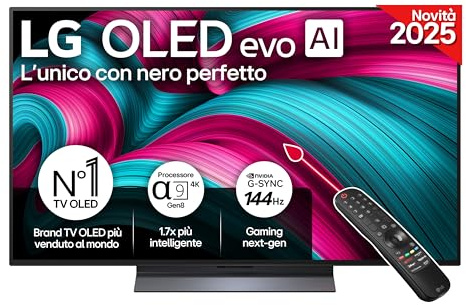 LG OLED evo AI C5 TV 48 pollici, Smart TV 4K, Processore α9 Gen8, webOS con AI, Dolby Vision & Atmos, Gaming con VRR e GSYNC 4K@144Hz, 4 HDMI 2.1, Alexa, OLED48C56LB 2025