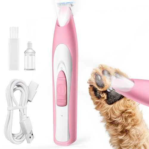 oneisall hundtasstrimmer med LED-ljus, tyst hundtrimmer Paw Trim Pro för tassar, uppladdningsbar hundklippare för tassar, ögon, öron, ansikte (rosa)