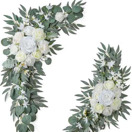 Xiyocadt 2 Stück Künstliches Hochzeitsbogen Blumen Set, künstliche Rosen Blumen Swag, Dekorative Girlande mit Rosen Pfingstrose, Eukalyptus Blättern, künstliche Blumen Girlande mit Bändern (Weiß)
