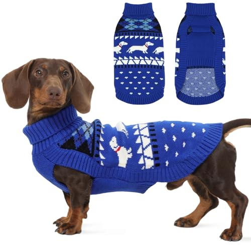 Hjyokuso Dackel Pullover XL, Süßer Hundepullover mit Dackelmuster, Rollkragen Strickpullover für kleine Hunde, Weicher Winter Hundemantel, Weihnachten & Geburtstag Blau