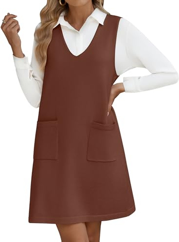 HOTOUCH Robe en tricot sans manches pour femme - Mini robe trapèze décontractée et ample - Robe pull d'automne et d'hiver avec poches - Marron - Taille S