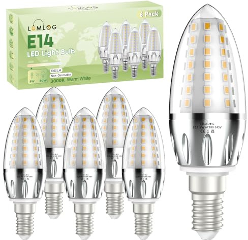 Lumlog E14 LED Light Bulb, 1300 Lumen Warm White 3000K LED Candle Bulb, 8W (80 Watts Equivalent), Energy Saving, Non-Dimmable, Pack of 6 [Energy Class C]