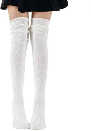 White Knee High Socks for Women, 60cm Long Sock Thigh High Knit Over Knee Socks Womens, Thick Knitted Knee-High White Stockings for Ladies, Winter Leg Warmers