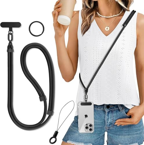 Casecret Handykette Universal Verstellbar Handyband zum Umhängen Handy Kette Lanyard Umhängeband für Damen Herren mit Patch Kordel für iPhone Samsung Xiaomi Sport Reise Outdoor Angenehm Schwarz