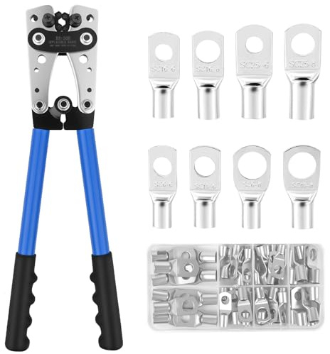 Diealles Shine Pince a Sertir Cosse Electrique, Cosse a Sertir 10-1/0 Awg 6/10/16/25/35/50 mm² avec 60 Pièces Cosses en Cuivre de 8 Tailles pour CâBles de Batterie Résistants