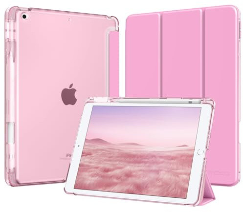 MoKo Hülle für iPad 9./8./7. Generation 10,2 Zoll mit Stifthalter, Rosa | Für iPad 10,2 Hülle 2021/2020/2019, Leicht Trifold Schutzhülle Harter PC Transluzenter Rückseite, Auto Schlafen/Aufwachen