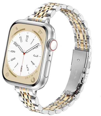 wipalor Slim Stainless Steel Strap Compatible with Apple Watch Straps Women 46mm 45mm 44mm 42mm 49mm, Metal iWatch Strap, Ladies Band for Apple Watch Series 11 10 9 8 7 6 5 4 3 2 SE Ultra,Silver-gold