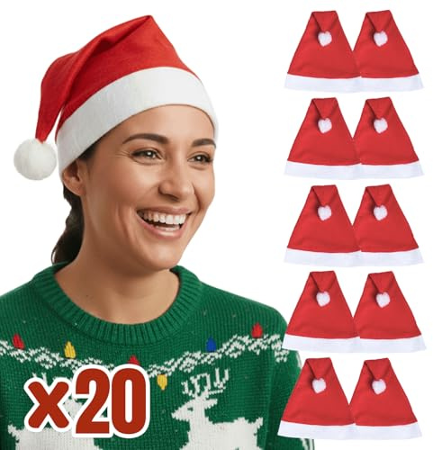 Kembilove Pack 20 Gorros de Navidad - Papá Noel Clásico - Suave y Cómodo - Ideales para Eventos Medianos -Celebraciones Navideñas - Colegios, Oficinas, Fiestas Empresas