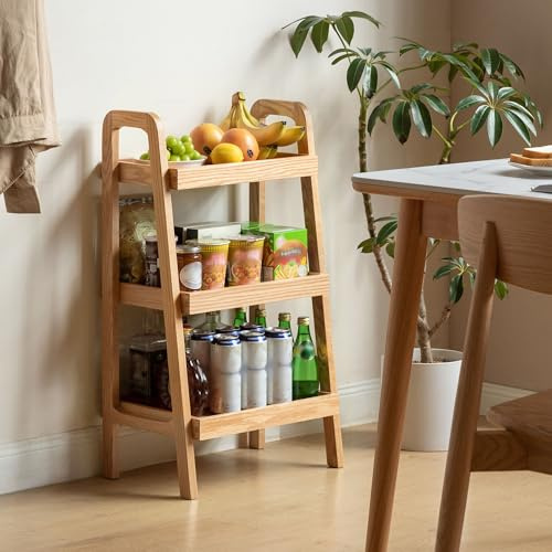 YESWOOD Leiterregal Eiche Massivholz mit 3 Ablagen 45x32x80 cm Natur | Schmales Bücherregal, Standregal für Pflanzen, Bücher und Deko, Küchenregal Holzregal ideal neben Bett, Sofa oder an der Wand