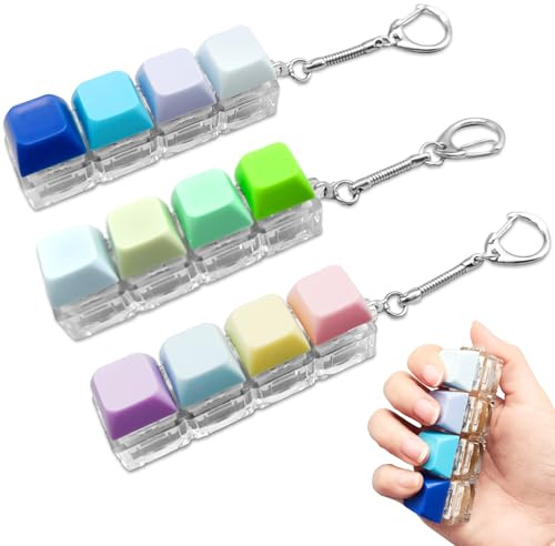 Steemjoey 3Pcs Keyboard Fidget Toy, Portable Fidgets Keys Clicker 4 Buttons with Keychain, Finger Keypad Caps Toy for Stress Relief Focus Pass the Time, Fashion Gifts for Adults and Kids