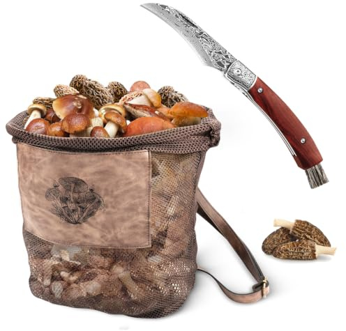 DRACHENADER Mushroom Foraging Kit with Damascus Steel Knife – Foldable Blade with Brush, Mesh Bag & Adjustable Strap, Ideal for Hiking and Outdoor Foraging