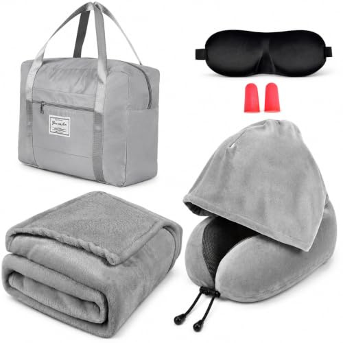 Nackenkissen & Reisedecke für Flugzeug - Memory Foam Reisekissen und Decke | Comfy Reise Zubehör mit 3D-Schlafmaske Ohrstöpsel Aufbewahrungstasche, Ideal für Auto Zug Büro Flug Langstreckenflug, Grau