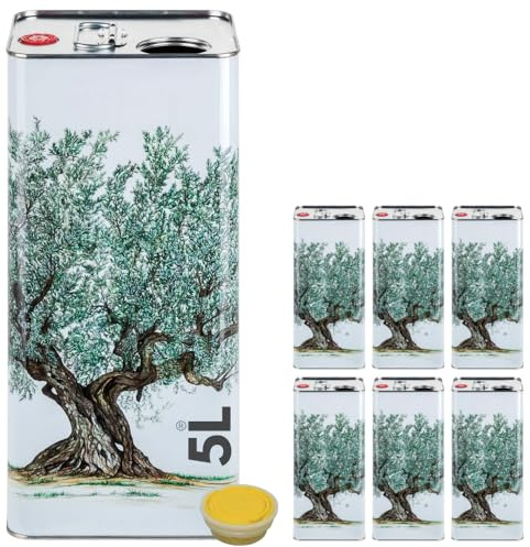 acquaverde | 6 Lattine per Olio di Oliva, Latta Bianca con Albero, in Metallo, Contenitore Alimentare da 5 Litri con Doppio Tappo e Maniglia
