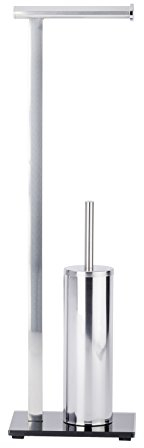 WENKO Stand WC-Garnitur Lava, Standgarnitur mit Toilettenpapierhalter und WC-Bürstenhalter inkl. WC-Bürste aus rostfreiem Edelstahl, schwere Bodenplatte aus schwarzem Sicherheitsglas, 21 x 71 x 17