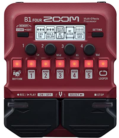 ZOOM B1 FOUR Kompaktes Bass-Multieffektgerät mit Looper, Drum-Machine, 70 Effekten & Stimmgerät für Live & Recording, Bühne & Studio, rot