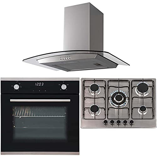 SIA 60cm Black Touch Control Oven, 70cm 5 Burner Gas Hob & Curved Glass Hood Fan